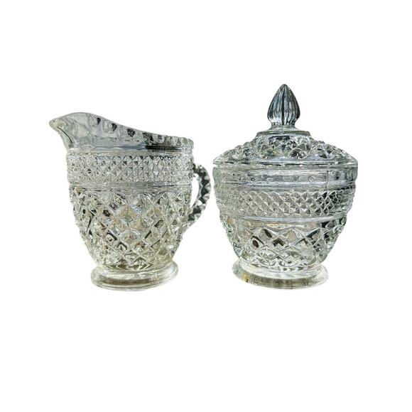 Anchor Hocking Wexford Crystal Clear Cut Glass Cream & Sugar Set Vintage - Picture 1 of 16